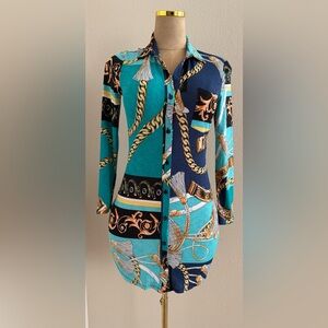 Button-Up Chain Print Tunic Shirt  Mini Dress- Teal & Navy